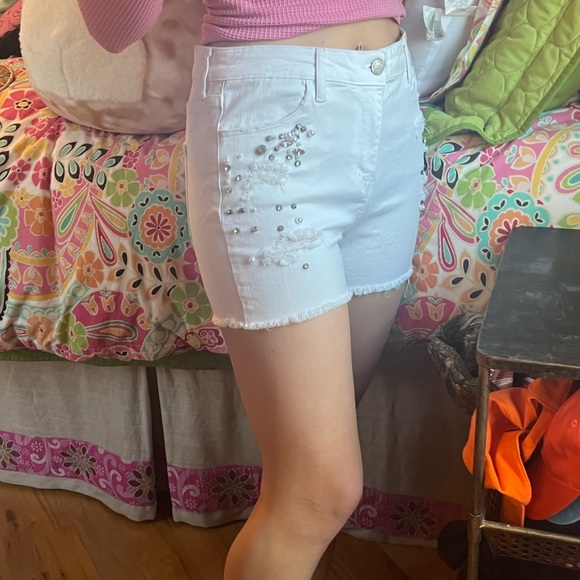 White Studded Denim Shorts - Picture 3 of 9